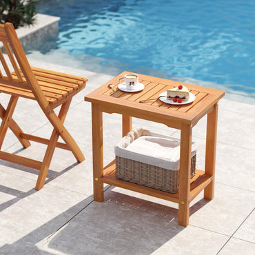 Tangkula Table d'appoint d'extérieur, table de patio à 2 niveaux avec plateau à lattes et étagère de rangement