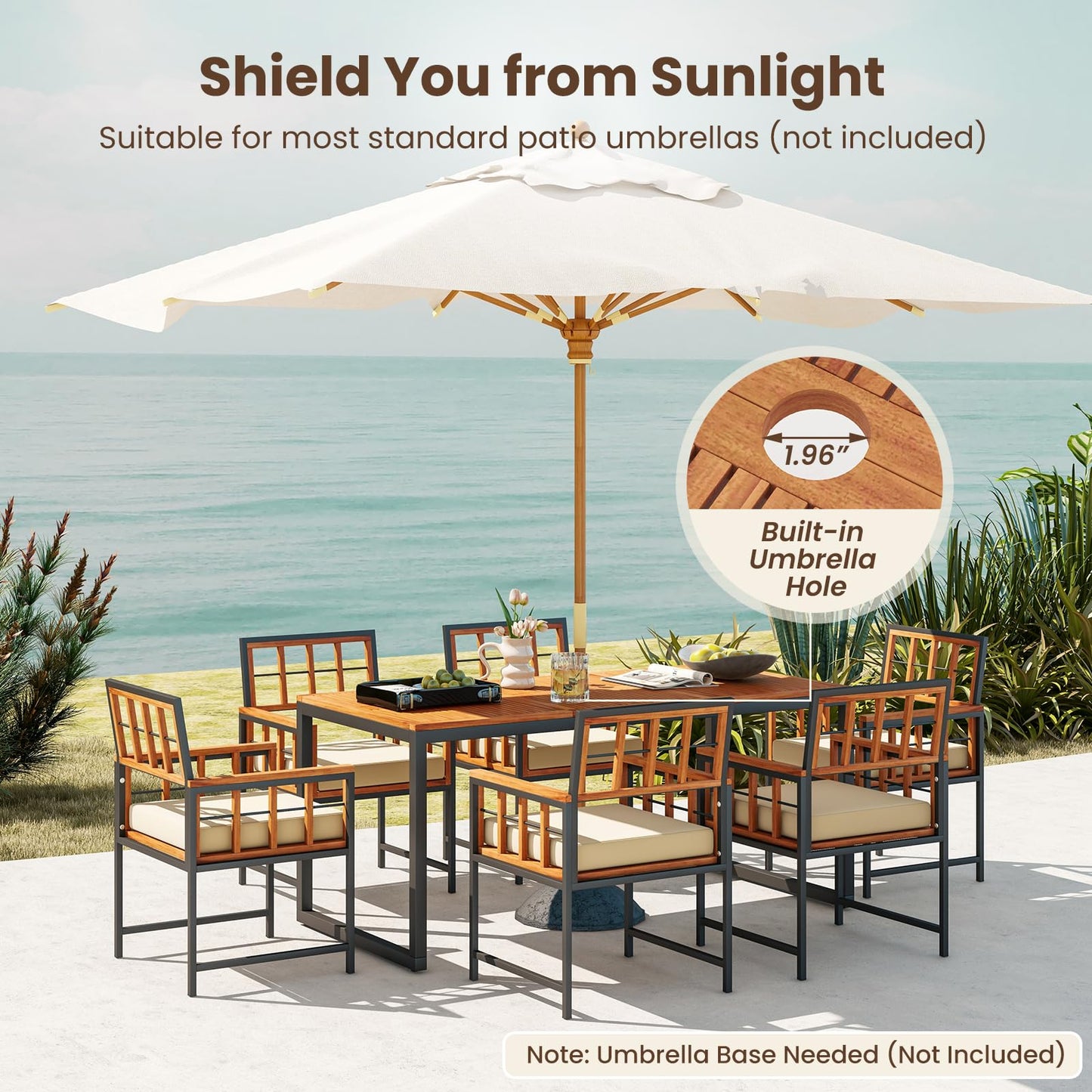 Tangkula 7 Pieces Patio Dining Set, Outdoor Acacia Wood Table and Chairs with Soft Cushions and Umbrella Hole