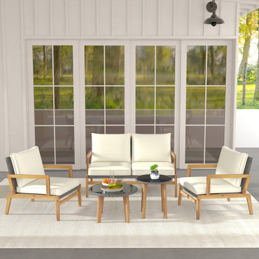 Tangkula Ensemble de mobilier de jardin 5 pièces en rotin, Patiojoy Ensemble de canapés en osier avec cadre en bois d'acacia massif et 2 tables basses en verre trempé