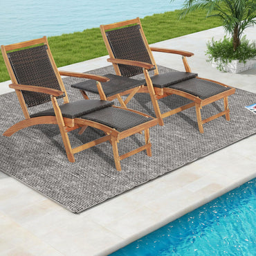Ensemble de 3 chaises longues Tangkula, chaises de terrasse en bois d'acacia avec table d'appoint
