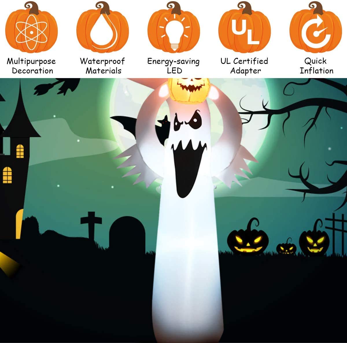 Tangkula 6Ft Halloween Inflatable Terrible Ghost w/Pumpkin
