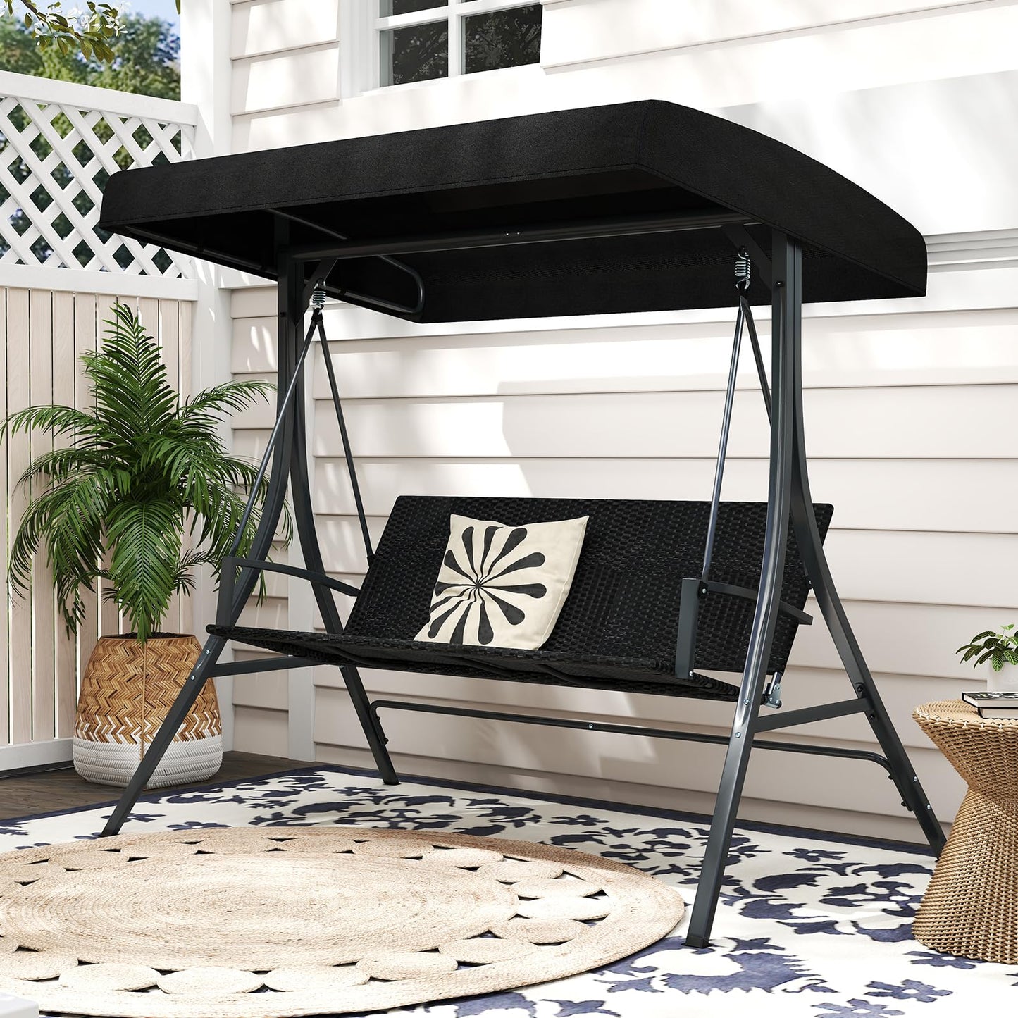 Tangkula 3 Person Wicker Porch Swing for Backyard