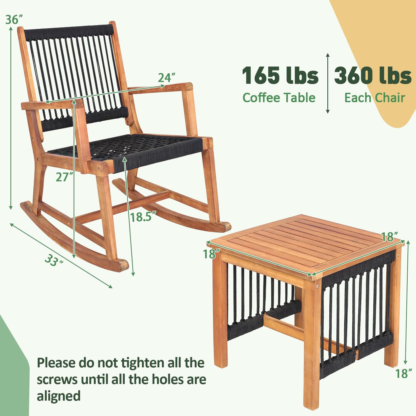 Tangkula 3 Pieces Acacia Wood Rocking Bistro Set, All-Weather Rope Woven Patio Furniture Set with Coffee Table