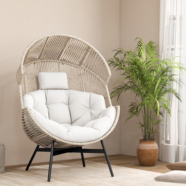 Fauteuil œuf surdimensionné Tangkula, fauteuil œuf de patio fixe en osier avec coussins et appuie-tête