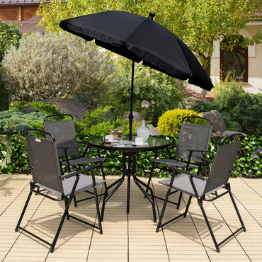 Tangkula Ensemble de salle à manger pliant 6 pièces pour patio, Ensemble table et chaises d'extérieur pour 4, Table ronde de 80 cm et 4 chaises pliantes, Parasol inclinable inclus