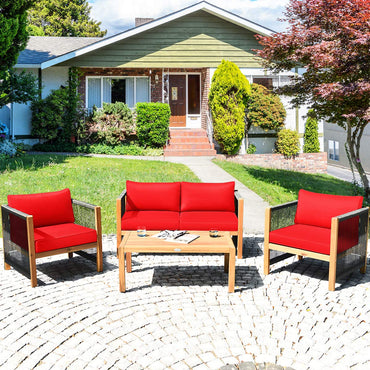 Ensemble de meubles de jardin en bois, canapé deux places en bois d'acacia, 2 fauteuils individuels et table basse