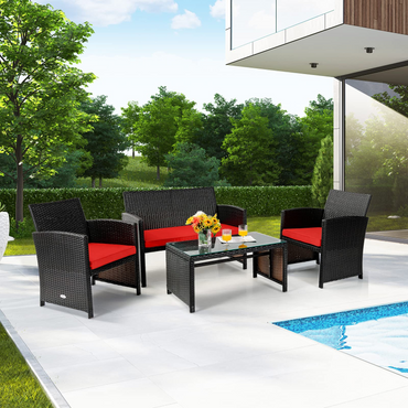 Ensemble de meubles en rotin 4 pièces Tangkula, ensemble de conversation extérieur avec chaise, causeuse et table basse en verre trempé