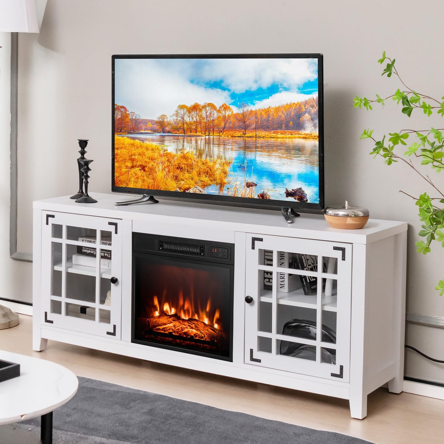 Tangkula 58 Inches TV Console with Fireplace Insert, Fireplace TV Stand for TVs up to 65 Inches