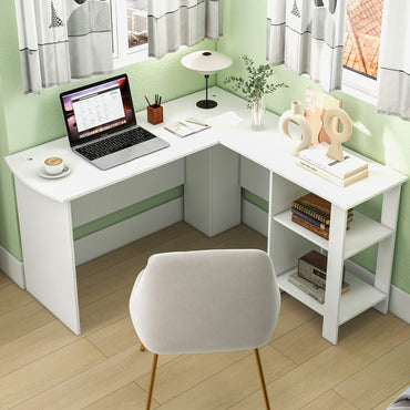 Tangkula White L Shaped Desk with Storage Shelves