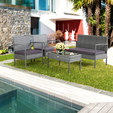 Tangkula Salon de jardin 4 pièces en rotin, Ensemble de conversation en osier pour extérieur Patiojoy