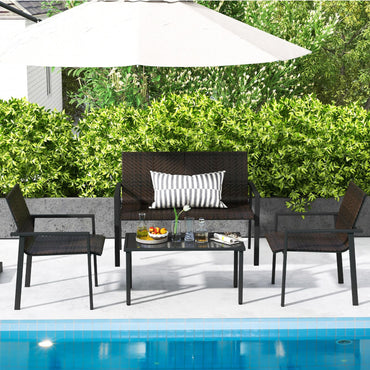 Tangkula Ensemble de mobilier de patio 8 pièces, Patiojoy Ensemble de table et de chaises d'extérieur en osier avec cadre en métal galvanisé robuste
