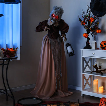 Tangkula Vieille Dame Animée d'Halloween de 1,5 m Tenant une Lanterne, Zombie Animatronique avec Yeux Rouges Lumineux à LED