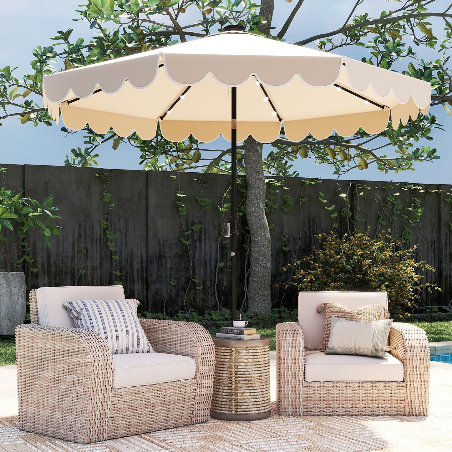 Tangkula 10FT Solar LED Patio Umbrella 2-Tiers Scalloped Outdoor Table Market Umbrella