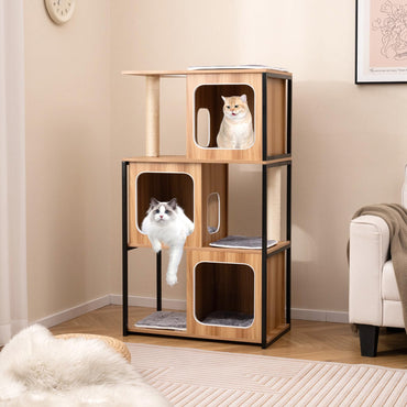 Arbre à chat moderne Tangkula, 132 cm, avec condos en bois et cadre en métal, poteaux et planche à griffer en sisal