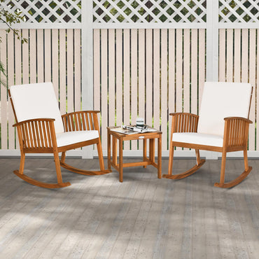 Tangkula 3 Pieces Acacia Wood Rocking Bistro Set Coffee Table and Cushions