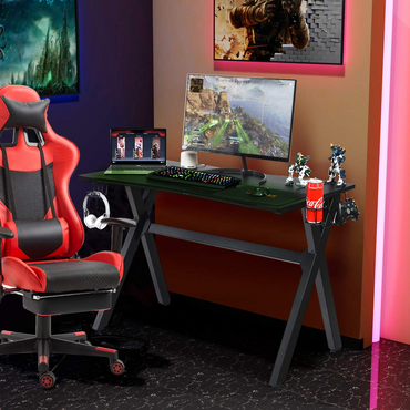 Tangkula Bureau informatique pour jeux vidéo, bureau e-sport ergonomique avec porte-gobelet et support pour casque, et tapis de souris