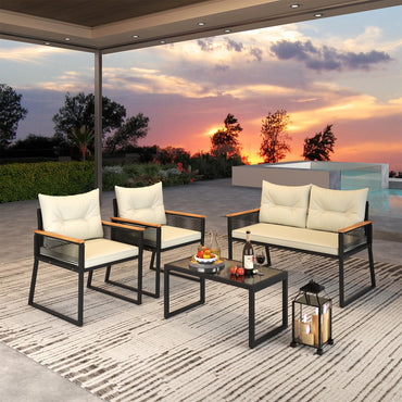 Ensemble de mobilier de patio en osier Tangkula, ensemble de conversation rembourré d'extérieur robuste