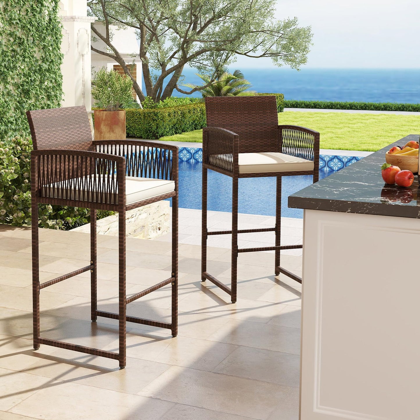 Tangkula Patio Bar Stools Set of 2/4 PE Rattan Bar Height Chairs