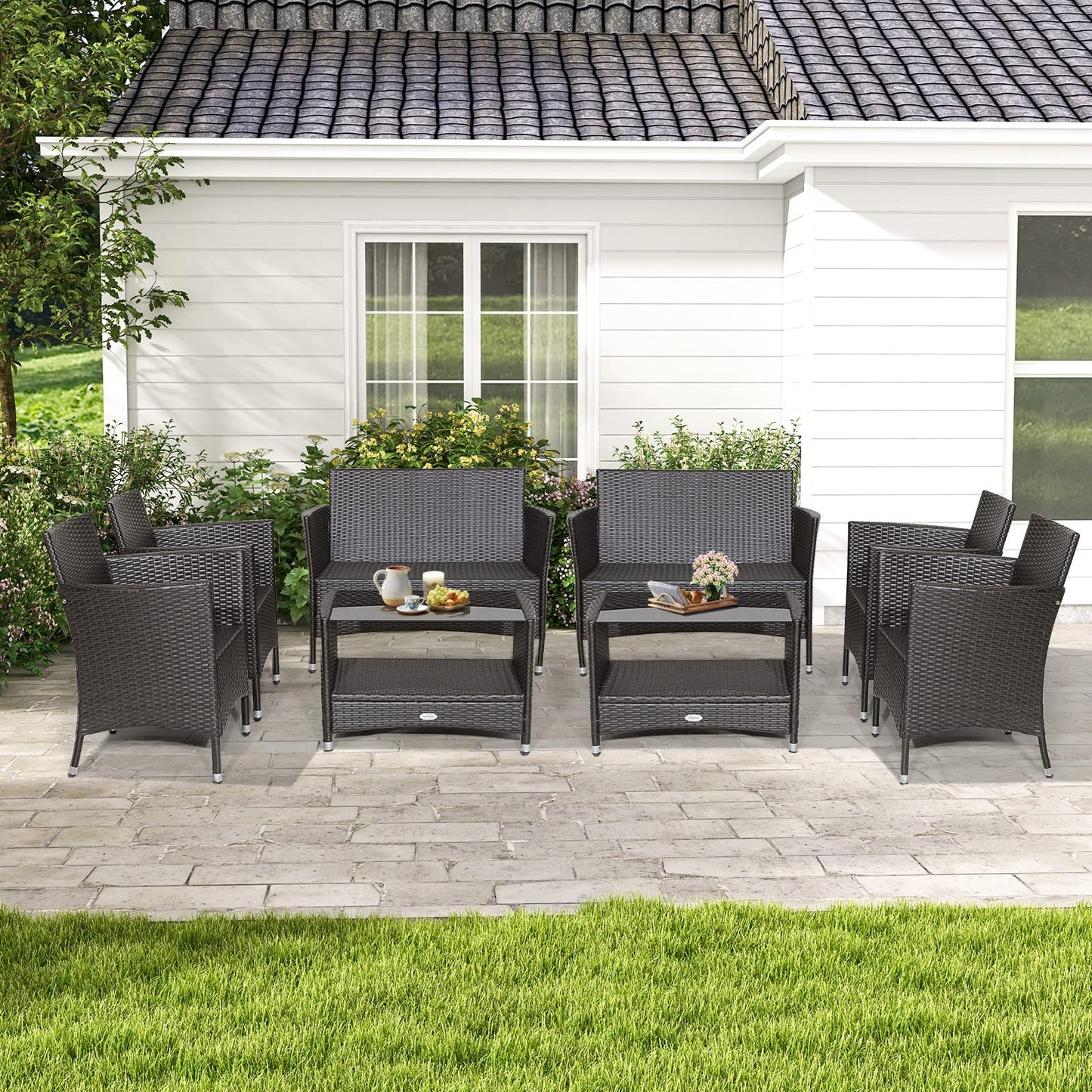 Tangkula 4 Pieces Patio Furniture Set, Patiojoy Outdoor PE Wicker Conversation Set with Soft Cushions and Tempered Glass Tabletop