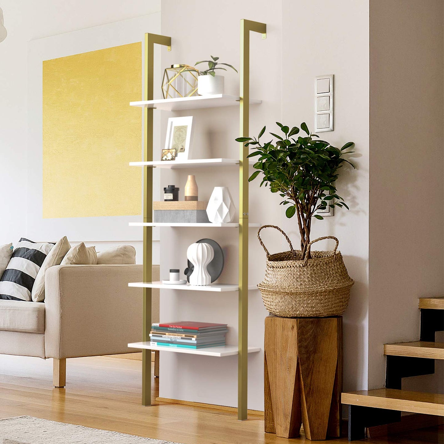 Tangkula Industrial Ladder Shelf Against The Wall, 5-Tier Wall Mount Ladder Bookshelf with Metal Frame