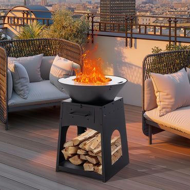 Foyer d'extérieur Tangkula avec rangement, brasero à bois avec grill et tiroir à cendres, compartiment de rangement spacieux en partie inférieure