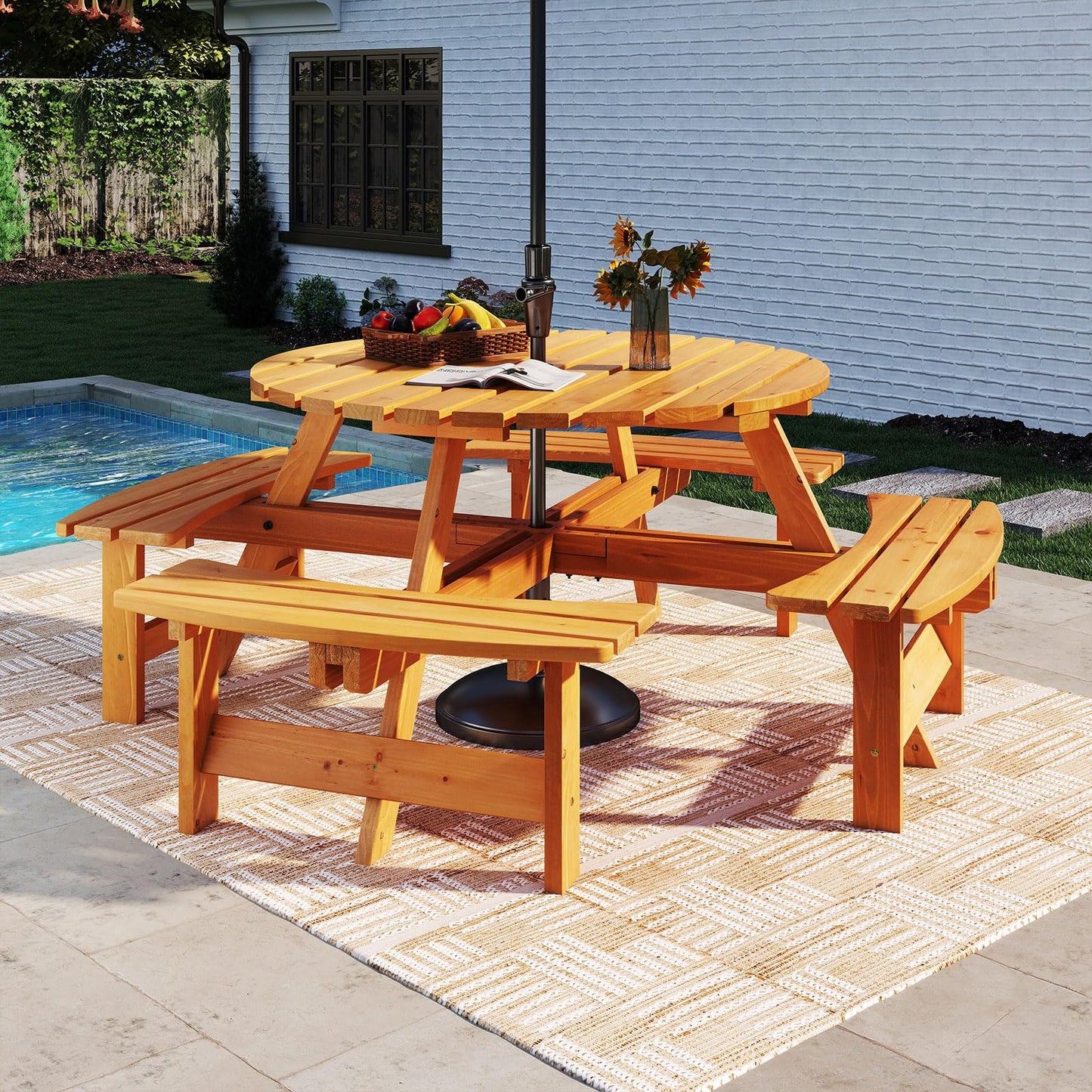 Tangkula 8-Person Wood Picnic Table Outdoor Round Table and Bench Set