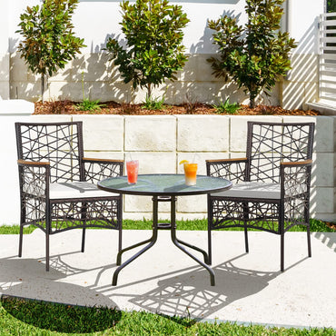 Tangkula Lot de 2 chaises de salle à manger d'extérieur, chaises de bistro de patio avec accoudoirs en bois d'acacia et coussins moelleux