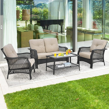 Ensemble de meubles de patio de 4 pièces, ensemble de canapés de conversation en osier PE Patiojoy avec table basse en verre trempé