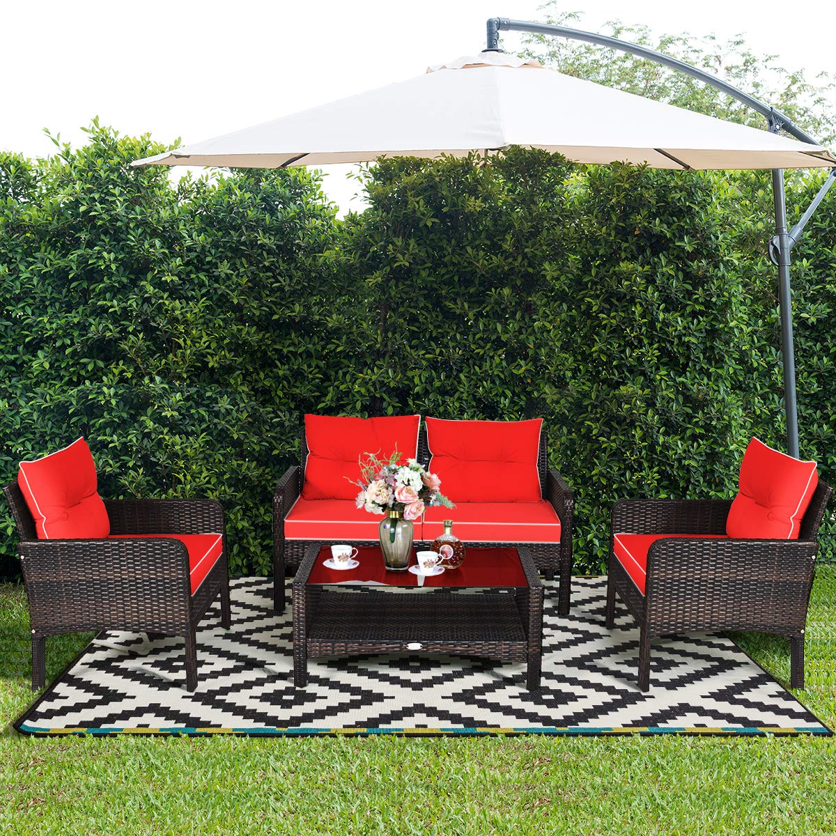 Tangkula 4 Piece Patio Furniture Set with Glass Top Coffee Table