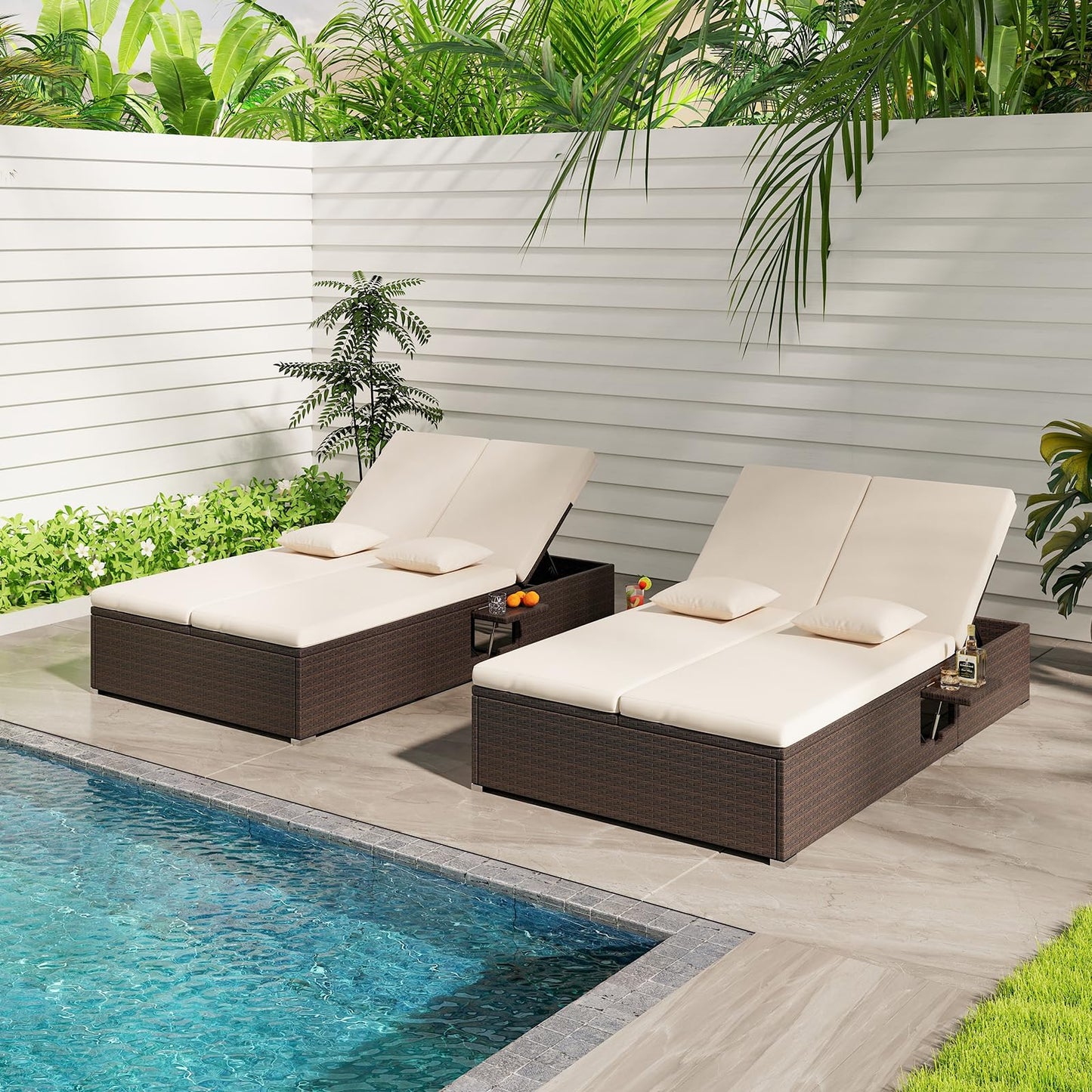 Tangkula Patio Double Chaise Lounge, Patiojoy 6 Position Adjustable Wicker Recliner Bed