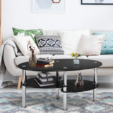 Table basse en verre, table d'appoint à thé moderne ovale en verre lisse à 2 niveaux