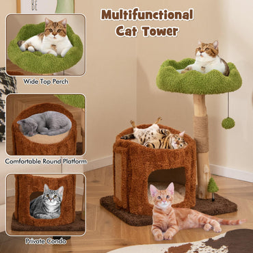 Tangkula Solid Wood Cat Tree with Jute Scratching Post & Mat