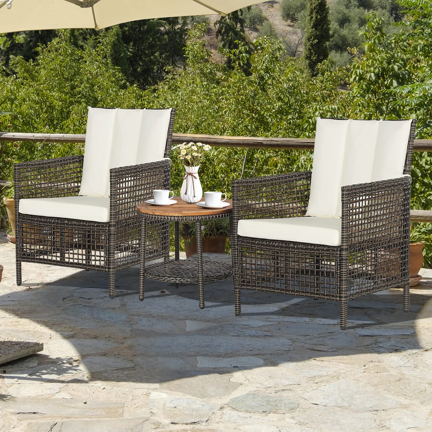 Tangkula 3 Piece Patio Conversation Set, Outdoor Rattan Chair Set W/ 2-Tier Coffee Table (Off White)