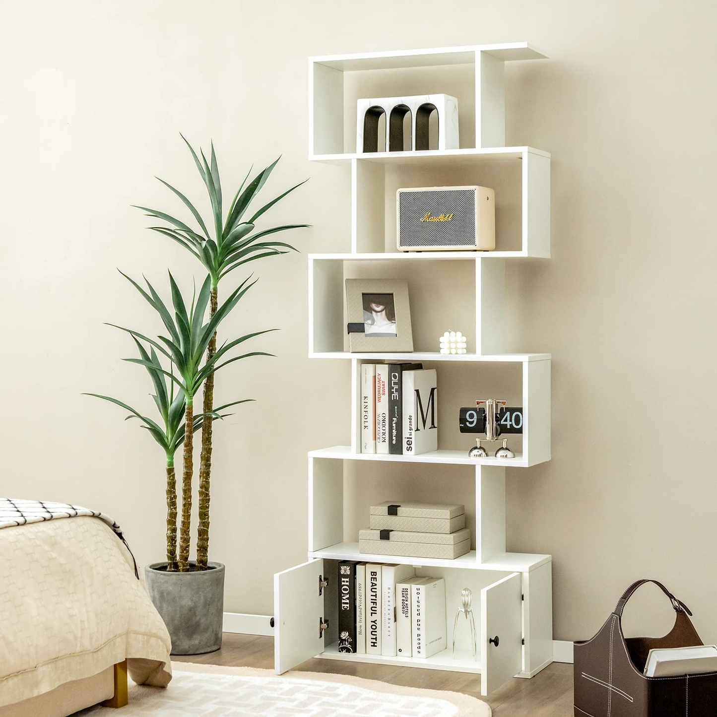Tangkula S Shaped Bookshelf with Cabinet, 6-Tier Bookcase with Doors, Freestanding Geometric Bookshelves for Living Room