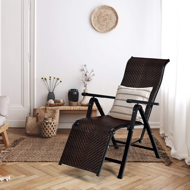 Tangkula Folding Reclining Rattan Chair, Portable Chaise Lounge Chair w/Adjustable Positions