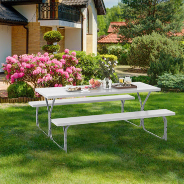 Table de pique-nique Tangkula de 1,8 m, table de pique-nique extérieure avec 2 bancs intégrés, trou pour parasol, cadre en métal et plateau en PEHD