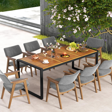 Table à manger d'extérieur Tangkula pour 8 personnes, table de patio en bois d'acacia de 199 cm avec trou pour parasol de 4,8 cm