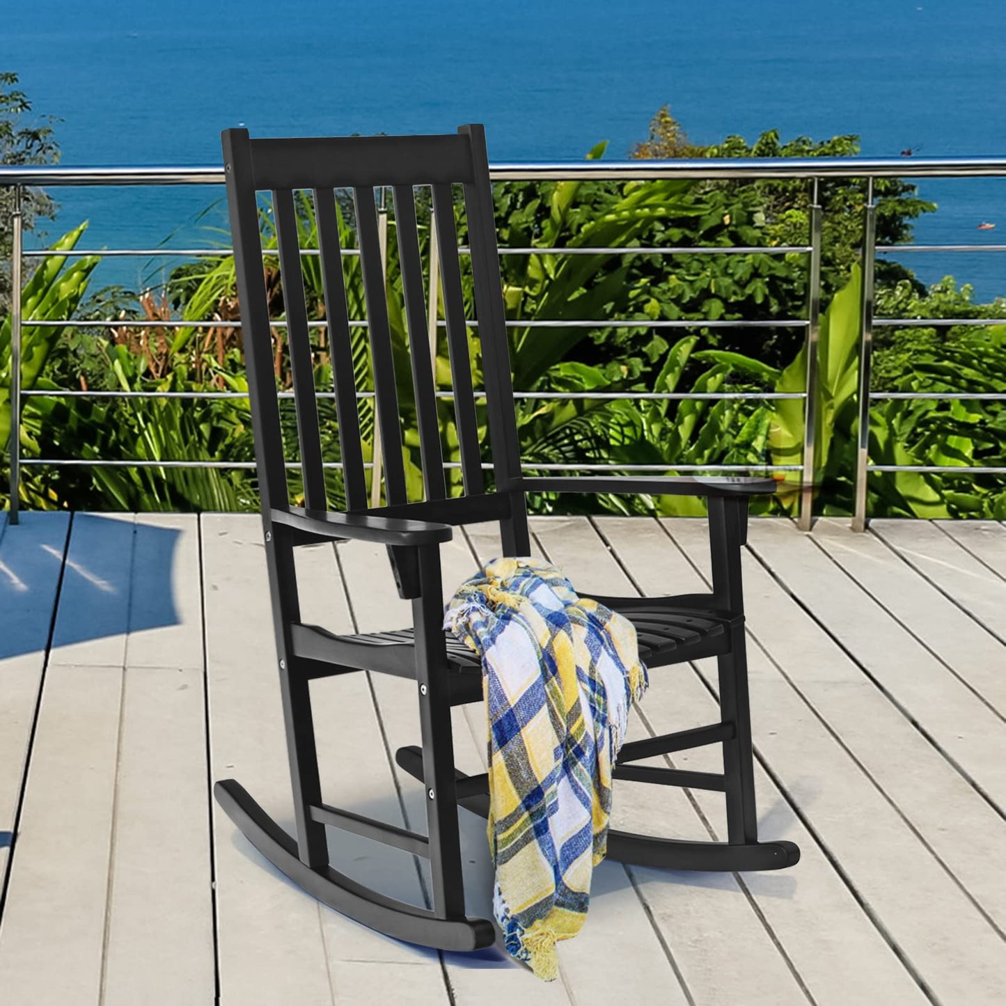 Acacia Wood Porch Rocking Chair, Wooden Rocking Chair Rocker with High Back & Armrest