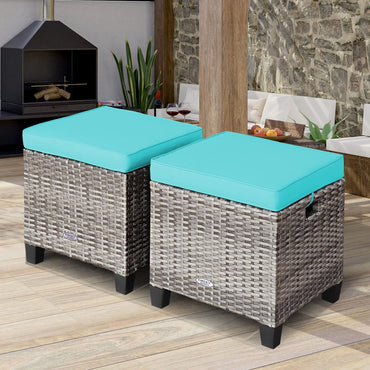 2 Pieces Patio Rattan Ottomans, Outdoor Wicker Footstool Footrest Seat with Soft Cushions and Steel Frame