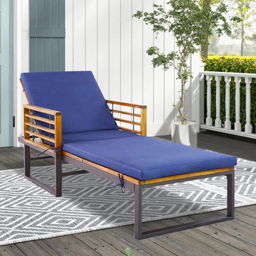 Tangkula Chaise longue de patio avec coussin, transat de piscine inclinable réglable avec structure en bois d'acacia et métal