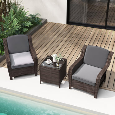 Ensemble de meubles de patio d'extérieur 3 pièces Tangkula, chaises en osier de rotin PE Patiojoy avec coussins et table basse en verre trempé