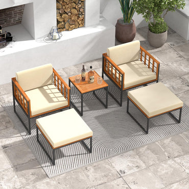 Tangkula 5 Pieces Acacia Wood Patio Furniture Set with Ottomans, Outdoor Conversation Set
