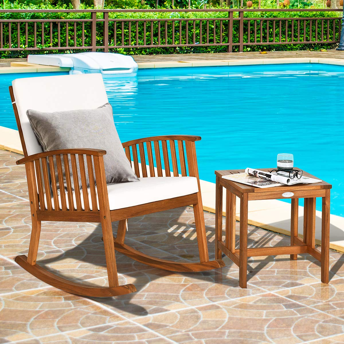 Tangkula Acacia Wood Patio Bistro Set, Outdoor Rocking Chair with Table