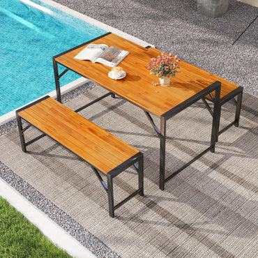 Ensemble de salle à manger Tangkula 3 pièces pour 6 personnes, table de pique-nique d'extérieur et 2 bancs, table à manger en bois d'acacia de 135 cm