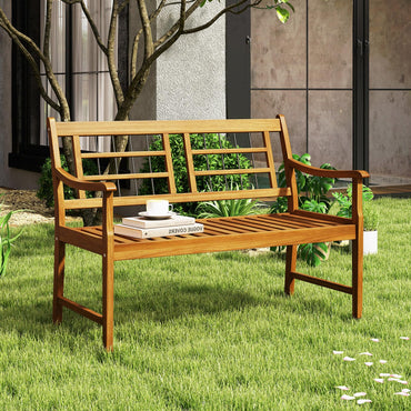 Banc Tangkula de patio en bois d'acacia, chaise d'extérieur en bois 2 personnes avec accoudoirs incurvés