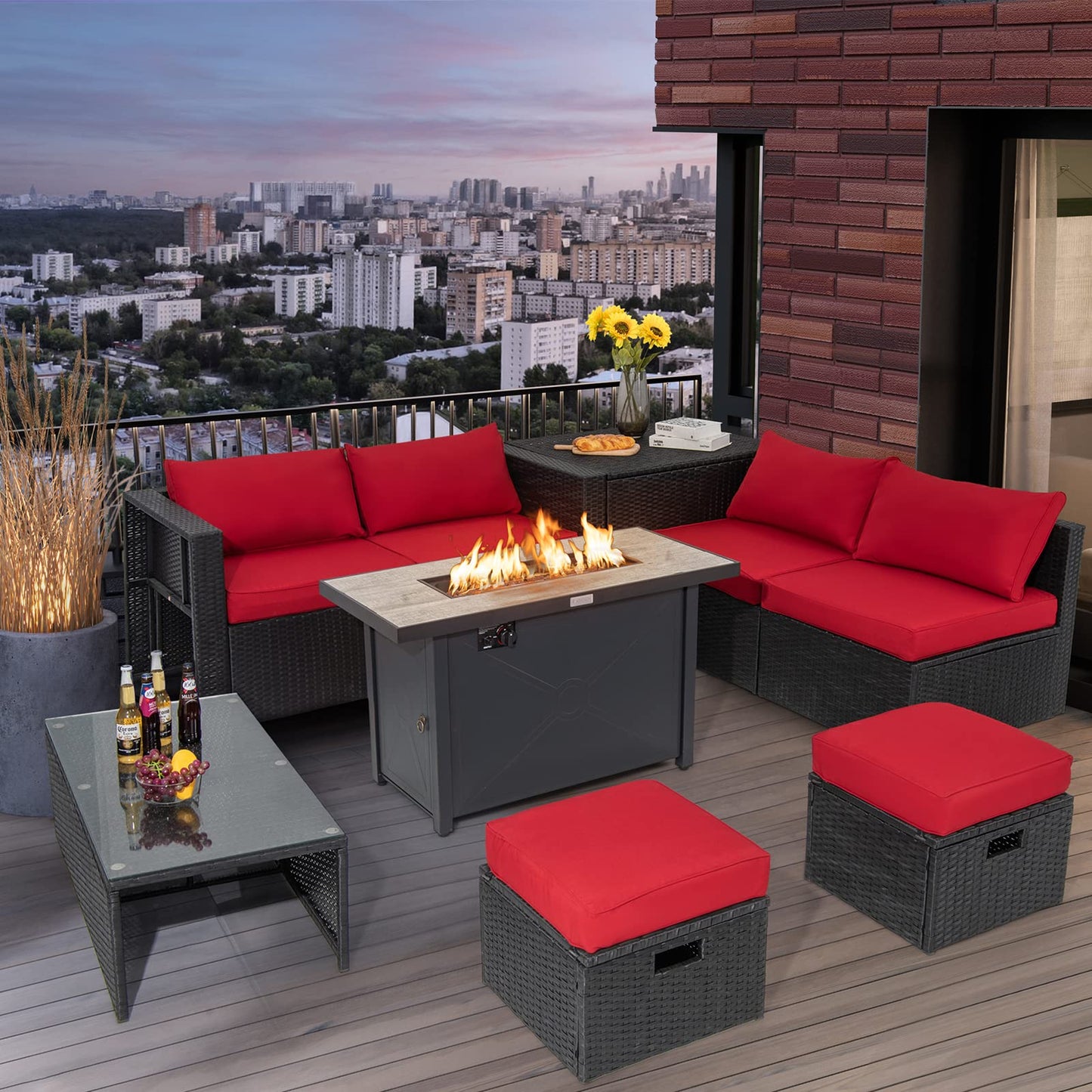 Tangkula 9 Pieces Outdoor Wicker Sectional Sofa with 42" 60,000 BTU Gas Fire Pit Table