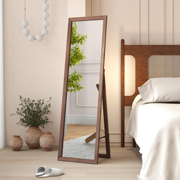 Miroir pleine longueur Tangkula avec support, miroir sur pied avec cadre en bois massif, miroir de corps entier autoportant
