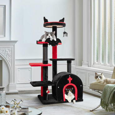 Arbre à chat gothique Tangkula, tour à chat noire de 135 cm avec lit en forme de cercueil, pompon araignée et balles à ressorts
