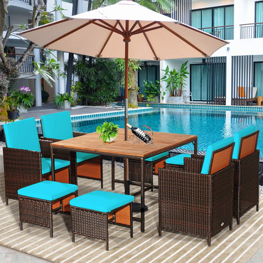 Ensemble de salle à manger Tangkula 9 pièces en bois d'acacia pour patio, chaises en osier peu encombrantes et table en bois avec trou pour parasol, mobilier d'extérieur