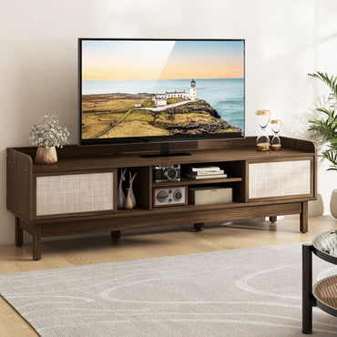 Meuble TV Tangkula de style campagnard pour téléviseurs jusqu'à 65 pouces, console TV moderne du milieu du siècle avec rangement (Noyer, 150 cm L, pour TV jusqu'à 65")